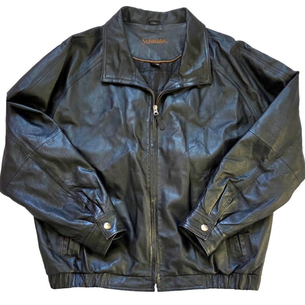 St. John’s Bay Black Leather Bomber Jacket Mens XL Streetwear Moto Inspired